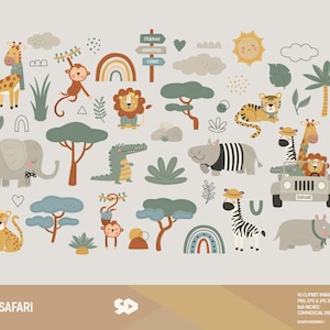 Clipart Safari, clipart de animais. Desenhe uma ilustração vetorial para crianças em uma escola infantil fofa e imprimível. Selva. África. Uso comercial PNG EPS JPG