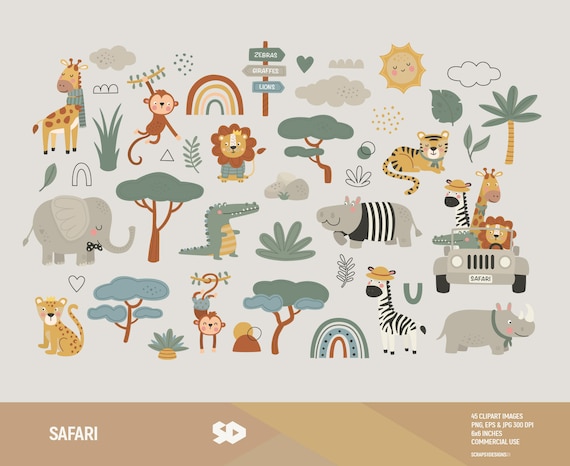 Safari clipart, animals clip art. Draw vector printable, cute nursery school kids illustration. Jungle. Africa. Commercial use PNG EPS JPG