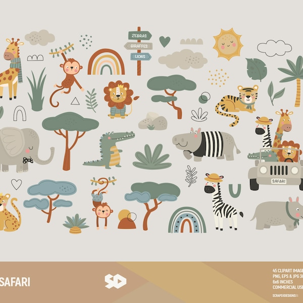 Safari Clipart, Tiere ClipArt. Vektor druckbare, niedliche Kindergarten Kinder Illustration zeichnen. Dschungel. Afrika. Kommerzielle Nutzung PNG EPS JPG