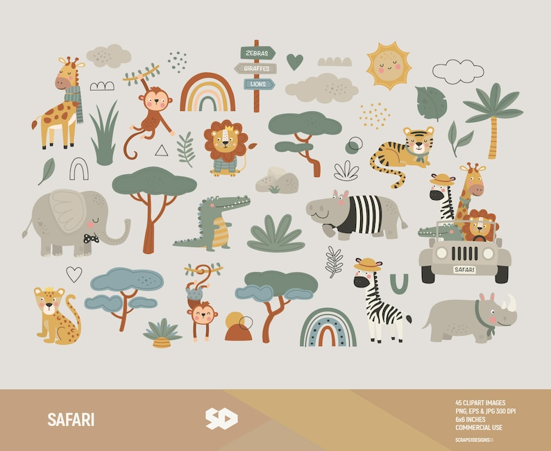 May include: A set of 45 safari animal illustrations in a cartoon style. The illustrations include a giraffe, monkey, lion, elephant, crocodile, hippopotamus, zebra, rhinoceros, and a jeep with animals inside. The illustrations are in a variety of colors, including brown, green, yellow, and blue. The illustrations are perfect for use in children's books, crafts, and other creative projects.