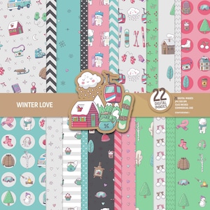 Carta digitale amore invernale. Pagine di scrapbooking per vacanze di viaggio, sfondo di baita di montagna innevata, modello di fogli di bosco da sci. Uso commerciale.