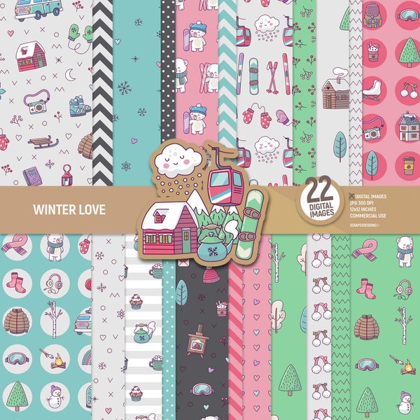 Winter love digital paper. Travel holidays scrapbooking pages, snow mountain cabin background, ski woodland sheets pattern. Commercial use.