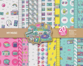 My music digital paper, Retro doodle scrapbook pages, Vinyl cassette devices boombox 80s 90s vintage patterns background. Commercial use.