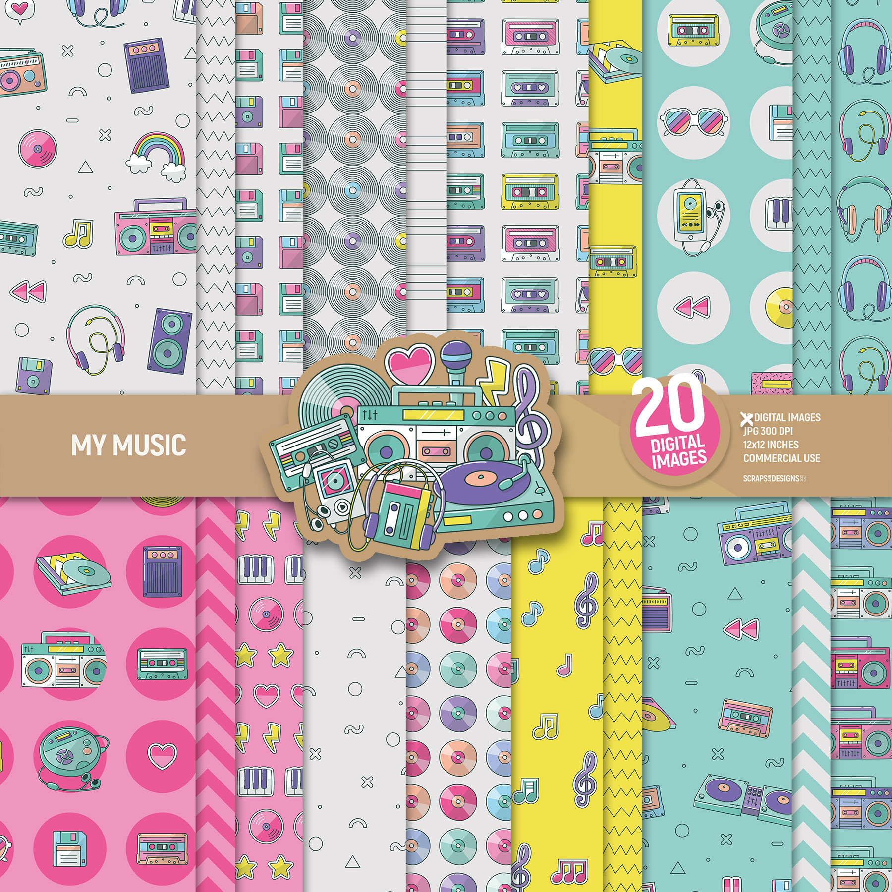 My music digital paper, Retro doodle scrapbook pages, Vinyl cassette devices boombox 80s 90s vintage patterns background. Commercial use.