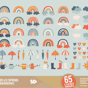 Hallo lente (regenboog) clipart, gieter illustraties, wolk, boho tekenen, afdrukbare vector, paraplu illustratie, regenlaarzen, commercieel gebruik