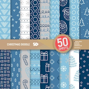 Puede incluir: Un conjunto de 50 hojas de papel digital con diseños navideños en tonos azules y blancos. Los diseños incluyen copos de nieve, formas geométricas e ilustraciones de Papá Noel. El texto "Christmas Doodle" y "50 Sheets" es visible.