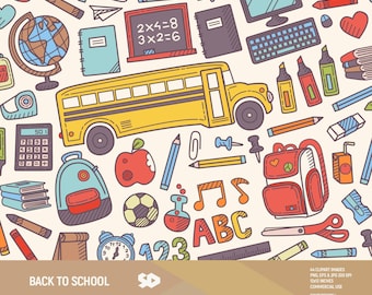 Powrót do szkoły clipart, nauczyciel clipart, klasa clipart, plecak książki autobus szkolny ołówek ilustracja, wektor do druku. Użycie komercyjne