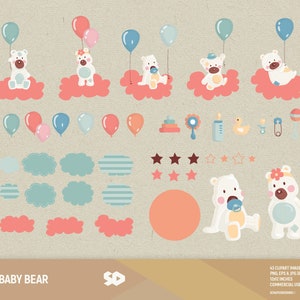 May include: A collection of baby-themed clipart images. The illustrations include white bears on pink clouds with balloons, along with additional elements like stars, clouds, and baby accessories. The text "BABY BEAR" is at the bottom.