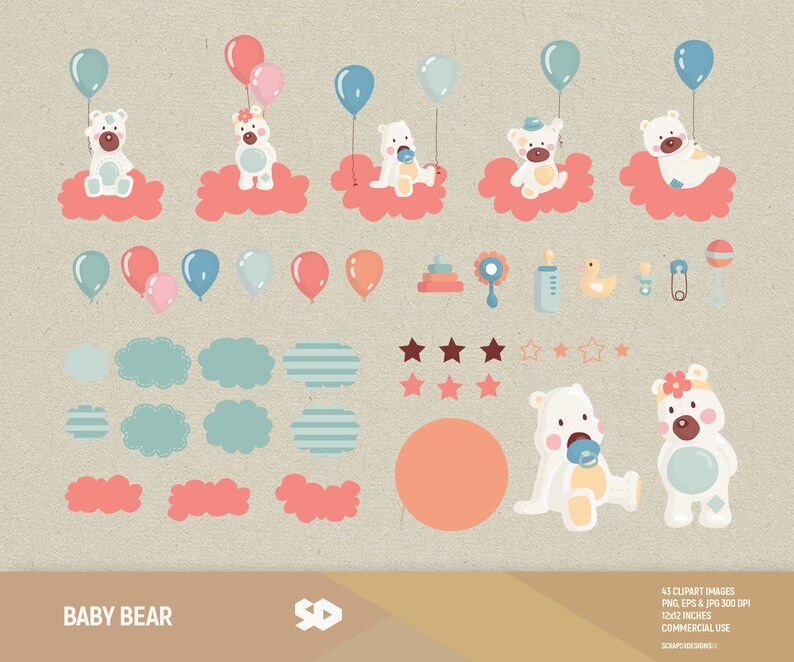 May include: A collection of baby-themed clipart images. The illustrations include white bears on pink clouds with balloons, along with additional elements like stars, clouds, and baby accessories. The text "BABY BEAR" is at the bottom.