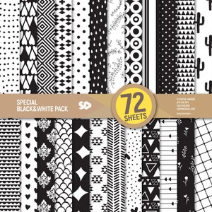 72 zwart-wit digitaal papierpakket. Patronen, scrapbookpagina's. Zwart-witachtergrond, plakboekbladen bundelen. Afdrukbaar. Commercieel gebruik.