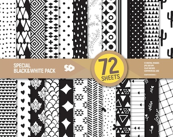 72 Black and White digital paper pack. Patterns, scrapbooking pages. B&W background, bundle scrapbook sheets. Printable. Commercial use.