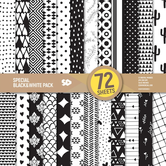 72 Black and White Digital Paper Pack. Patterns, Scrapbooking Pages. B&W  Background, Bundle Scrapbook Sheets. Printable. Commercial Use. 