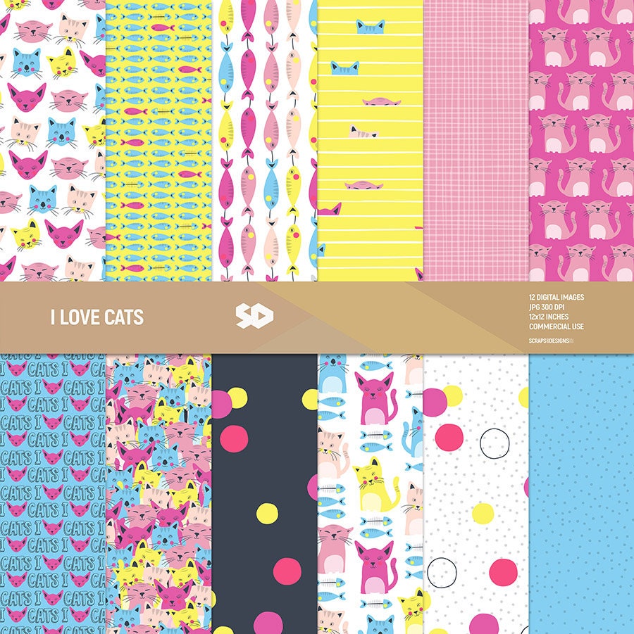 digital cat paper cat mice patterns cat scrapbooking paper pack of 12 high res JPG/'S instant download