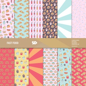 Digitale papieren fastfoodverpakking. Scrapbookpagina's voor eten, kawaii-achtergrond, plakboekpatroon voor pizza, hamburger-hotdogfrisdrank. Commercieel gebruik.