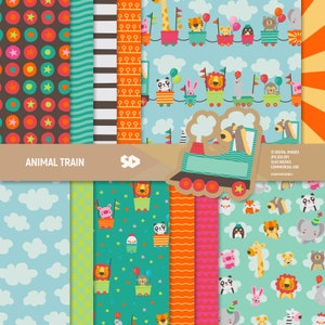 Paquete de papel digital con diseño de tren de animales, páginas para álbumes de recortes de safari, patrones para fiestas infantiles, fondo para baby shower, escuela, profesores. Uso comercial.