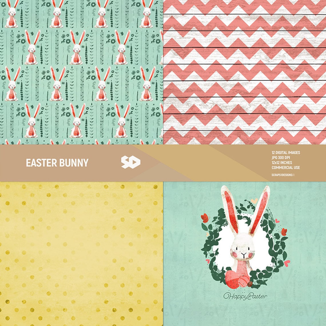 Easter Digital Paper Pack, Easter Scrapbook Pages, Illustration, Bunny ...