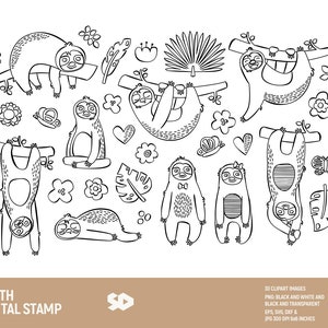 Paquete de imágenes prediseñadas de perezosos, imágenes prediseñadas de fiesta, sello digital de perezosos, ilustración vectorial de animales con hojas tropicales. Png Jpeg SVG DXF EPS. Uso comercial