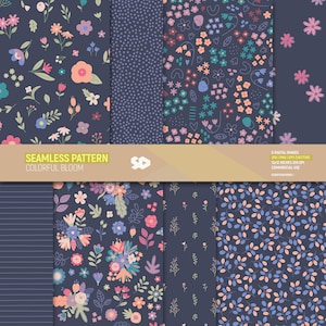 May include: A set of eight digital seamless patterns featuring colorful floral designs on a dark blue background. The patterns include various floral arrangements, leaves, and polka dots.