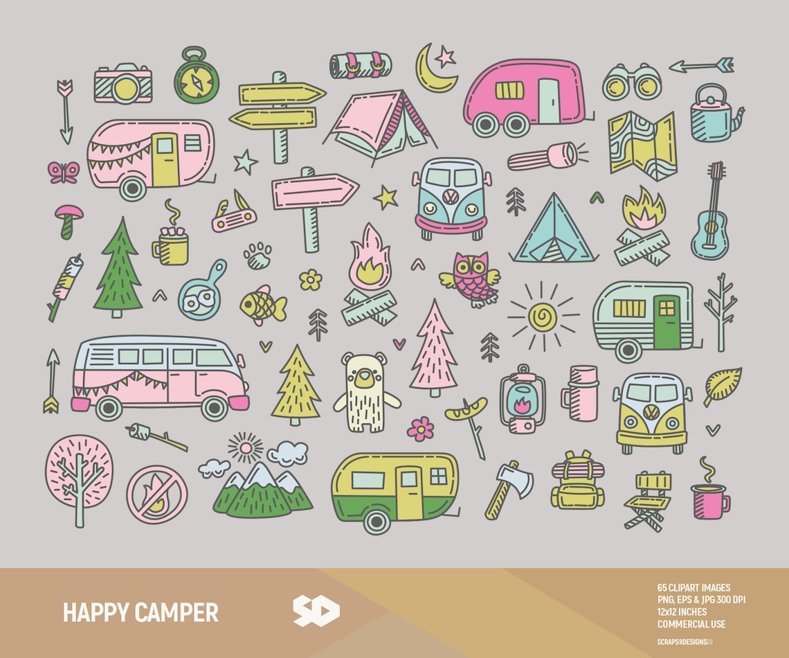 Colorful Happy Camper Clipart Digital Download