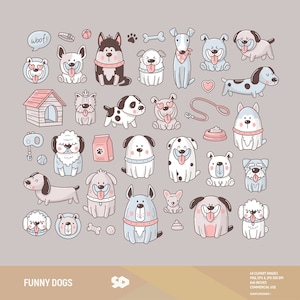 Grappige honden clipart. Huisdieren illustraties. Dieren illustratie. Stickers, puppy, botten, huisdieren, huisdier, teckel, tekenen vectorafbeeldingen. Commercieel gebruik