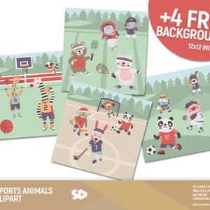 May include: A set of 50 digital clipart images featuring animals playing sports. The images are in PNG, EPS, and JPG format and are 300 DPI. The images are 6 inches by 6 inches and are for commercial use. The clipart includes a giraffe playing basketball, a zebra playing basketball, a monkey playing hockey, a rabbit playing soccer, a panda playing soccer, a pig playing baseball, a raccoon playing basketball, a lion playing soccer, a bear playing baseball, and a fox playing soccer.