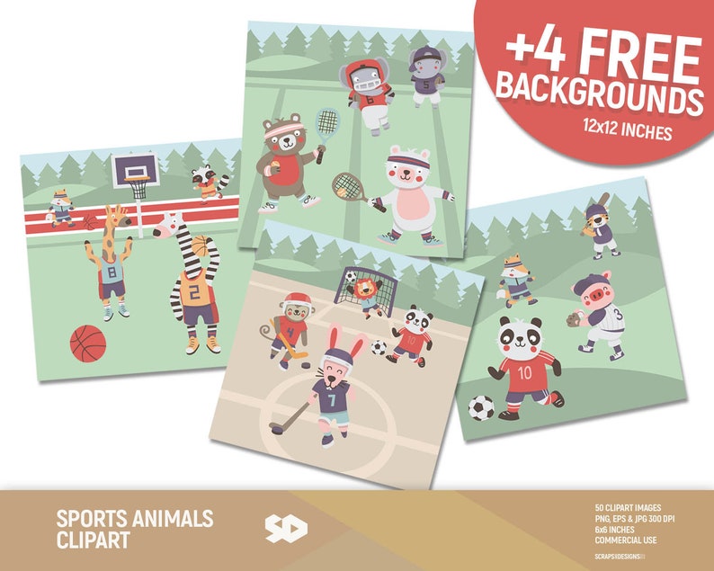 May include: A set of 50 digital clipart images featuring animals playing sports. The images are in PNG, EPS, and JPG format and are 300 DPI. The images are 6 inches by 6 inches and are for commercial use. The clipart includes a giraffe playing basketball, a zebra playing basketball, a monkey playing hockey, a rabbit playing soccer, a panda playing soccer, a pig playing baseball, a raccoon playing basketball, a lion playing soccer, a bear playing baseball, and a fox playing soccer.