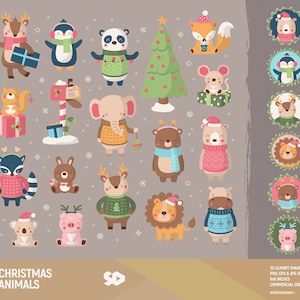 Clipart animaux de Noël, clipart des bois, animal de safari sauvage, tirage de Noël, vecteur de griffonnage de zoo, illustration de la forêt. Utilisation commerciale.