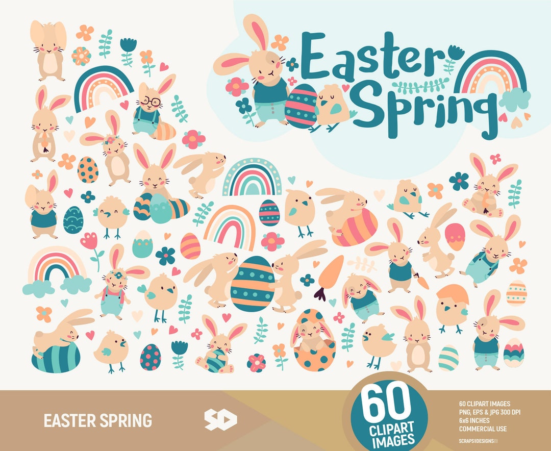 Easter Spring Clipart, Bunny Clip Art, Floral Clipart, Rainbow Draw