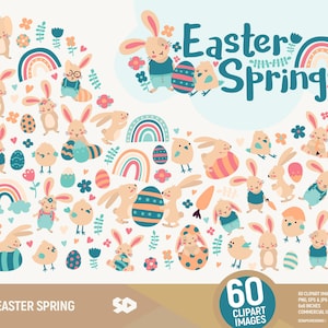 Pasen lente clipart, konijntje illustraties, bloemen clipart, regenboog tekenen, vector afdrukbaar, illustratie eieren, konijn, kuiken, commercieel gebruik.