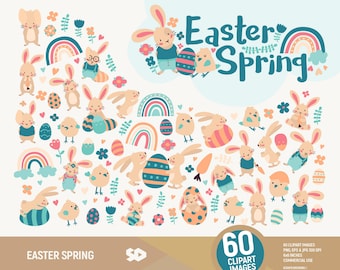 Easter Spring clipart, bunny clip art, floral clipart, rainbow draw, vector printable, illustration eggs, rabbit, chick, commercial use.