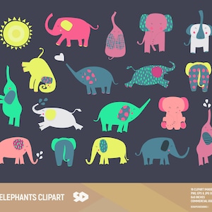 Elephants clipart, elephant clip art, animal clipart, animals draw, vector printable, colourful illustration, commercial use.