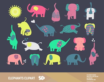 Könnte beinhalten: Ein Set mit 18 bunten Elefantenillustrationen in verschiedenen Posen. Die Elefanten sind im Cartoon-Stil mit leuchtenden Farben und einfachen Details gezeichnet. Die Illustrationen eignen sich perfekt für den Einsatz in digitalen oder gedruckten Projekten.