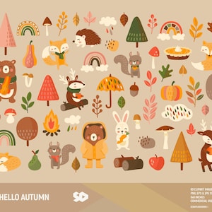 Hola otoño clipart, clip art de animales, hojas de otoño, dibujo de arcoíris, vector imprimible, ilustración de bosque, lluvia, bosque, uso comercial.