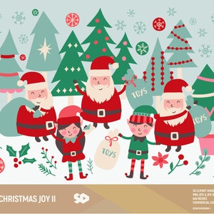Clipart de alegría navideña II, clip art de Papá Noel, clipart de árbol de Navidad, fondo de elfo, flores, copos de nieve. Adornos de juguetes. Uso comercial.