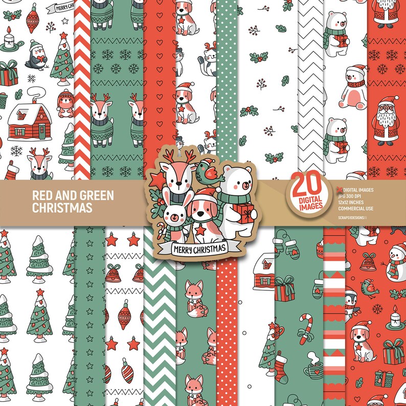 Red and green Christmas digital paper, Woodland scrapbook pages, animals bear Xmas pattern, winter forest background doodle. Commercial use. image 1