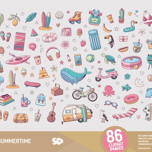 Clipart de verano, pegatinas de vacaciones de viaje, dibujo de vacaciones en el mar, vector imprimible de playa de surf, ilustración tropical soleada. Uso comercial.