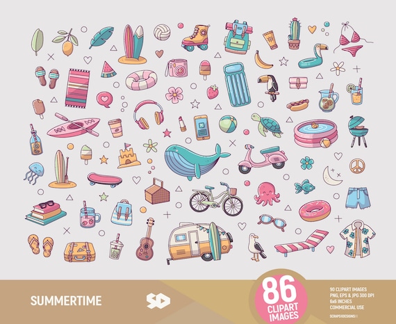 Summertime clipart, travel holidays stickers, vacations sea draw, surf beach vector printable, sunny tropical illustration. Commercial use.