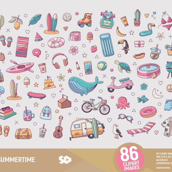 Summertime clipart, travel holidays stickers, vacations sea draw, surf beach vector printable, sunny tropical illustration. Commercial use.