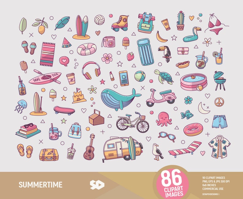 May include: A collection of 86 colorful clipart images with a summer theme. The illustrations include a surfboard, roller skates, a whale, a scooter, a bicycle, a beach chair, and a trailer. The text "SUMMERTIME" is at the bottom.