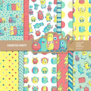 Pacchetto di carta digitale per feste di mostri, pagine di album per bambini, modelli per ragazzi e ragazze, inviti di compleanno, download di sfondi. Uso commerciale.