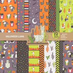 Paquete de papel digital de llamas para Halloween, páginas para álbumes de recortes con cactus, patrones de alpaca, aztecas, dulces, fondo de calabaza. Uso comercial.