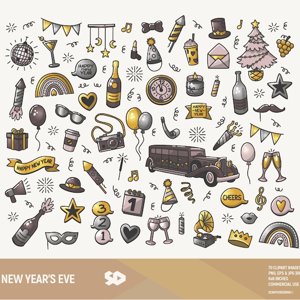 New Year's Eve clipart, Christmas clip art. Happy new years draw, balloons champagne hat mask vector, Old party illustration. Commercial use