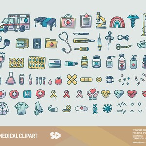 May include: A set of 72 colourful medical clipart images, including an ambulance, a stethoscope, a first aid kit, a syringe, pills, bandages, a heart, a doctor's coat, and a thermometer. The images are ideal for use in medical illustrations, presentations, and educational materials.