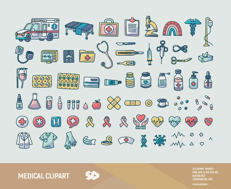 May include: A set of 72 colourful medical clipart images, including an ambulance, a stethoscope, a first aid kit, a syringe, pills, bandages, a heart, a doctor's coat, and a thermometer. The images are ideal for use in medical illustrations, presentations, and educational materials.