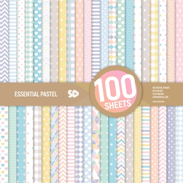 Essential Pastel digital paper pack. 100 papers. Patterns scrapbooking pages. Spring background bundle sheets printable. Commercial use.