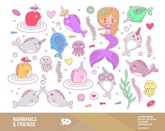 Narwhal clipart, cute narwhals clip art, mermaid party kids clipart, unicorn draw, vector printable, kawaii illustration. Commercial use.