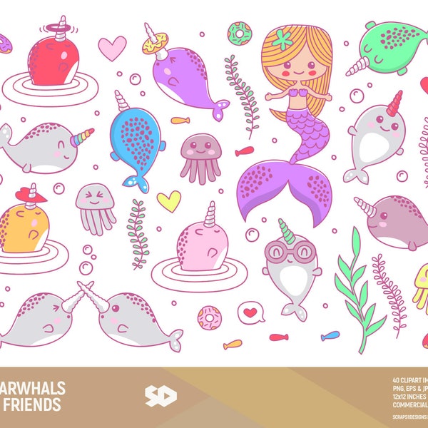 Narwhal clipart, cute narwhals clip art, mermaid party kids clipart, unicorn draw, vector printable, kawaii illustration. Commercial use.