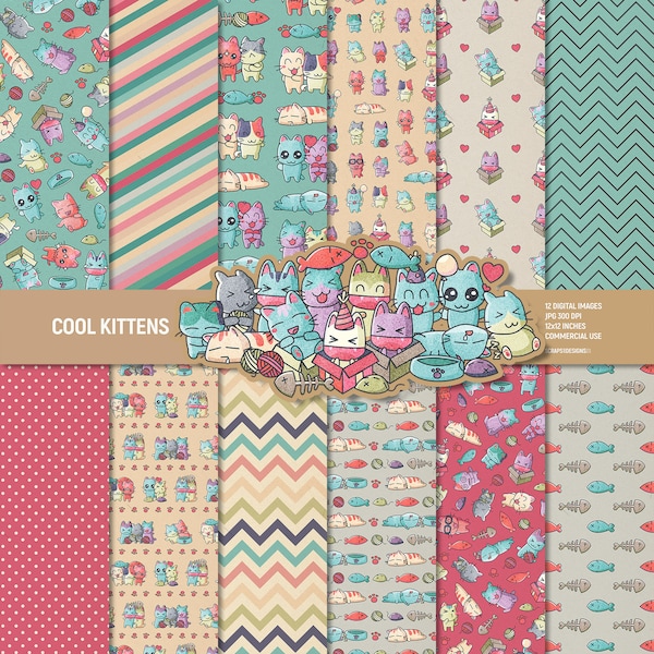 Cool kittens digital paper pack, cat scrapbook pages patterns, pet animals fishbone kawaii party background instant download, Commercial use