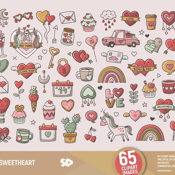 Sweetheart Cliparts, Valentine Clip Art. Valentinstag Regenbogen, romantische Vektor Illustration zum ausdrucken, Einhorn, Herzen, Liebe. Kommerzielle Nutzung.