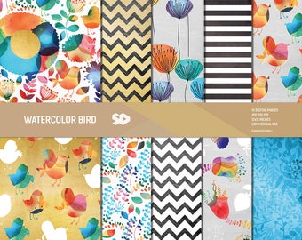 Watercolor Digital Scrapbooking Paper Pack, Floral Watercolor digital paper set, Birds Paper, Scrapbook pages, background, Commercial use.
